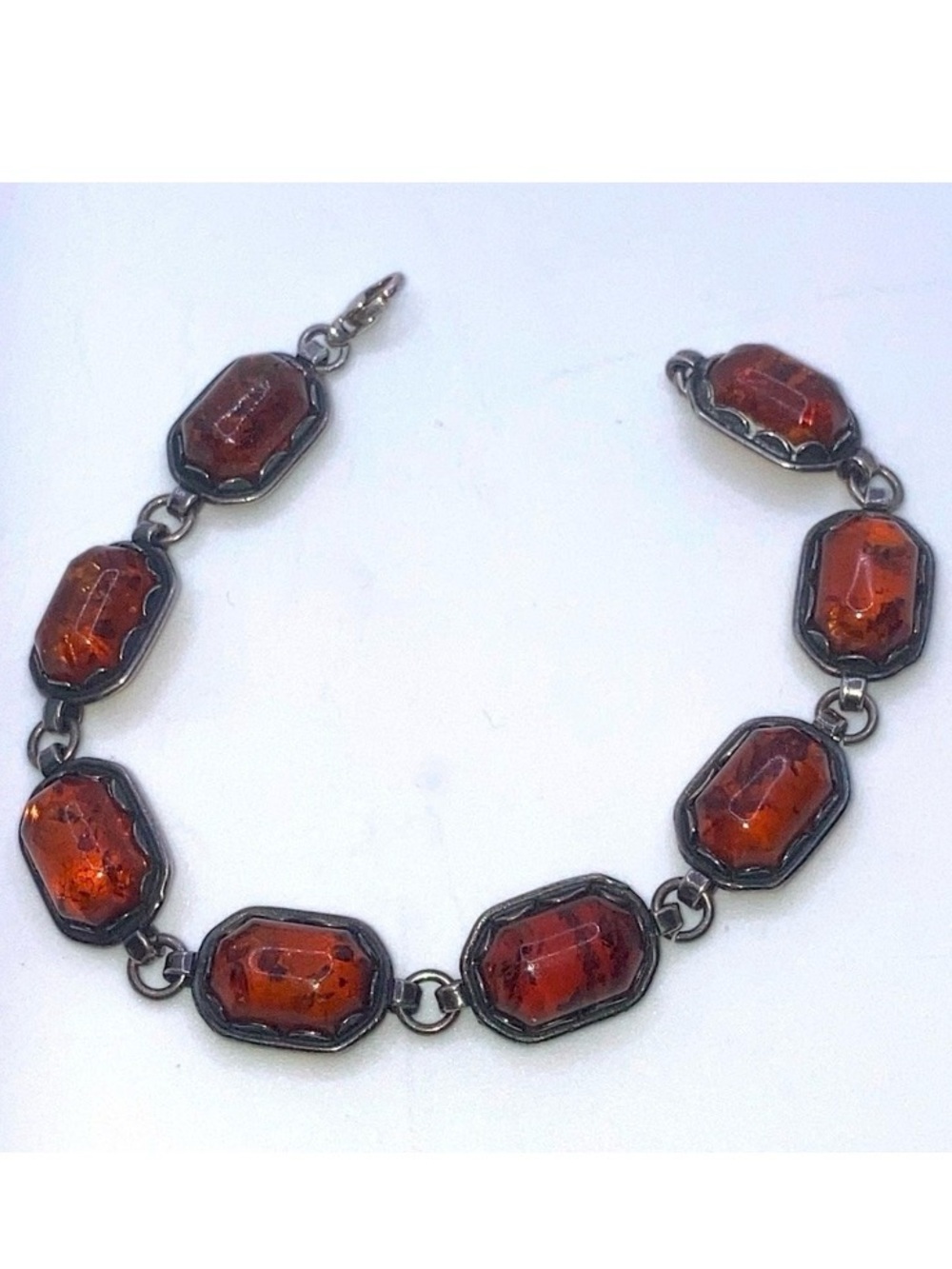 VTG Sterling & Amber Cabochon Link Bracelet Scalloped Setting - 7”